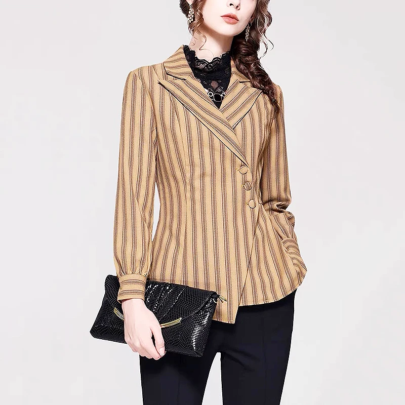 

Spring New Style Officelady Fashion Women's Blouses Notched Long Sleeve Stripe Shirts Blouse Clothes For Women Outerwear SL564