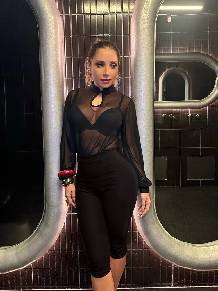 Nibber Sexy 2-Piece Set Women Stand Collar Patchwork See Through Hollow Frog Button Top+Elastic Waist Short Midnight Suits