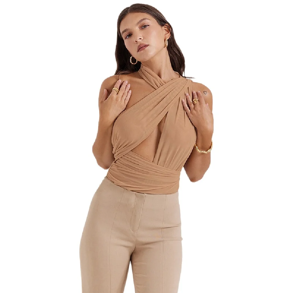 

European And American Style Autumn And Winter New Women's Fashion Hanging Neck Sexy Open Back Hollowed Out Mesh Bottom Jumpsuit