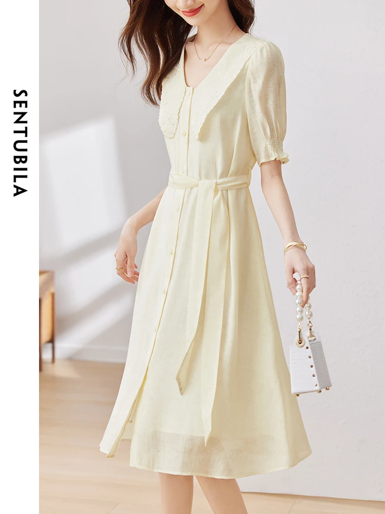 

Платье-миди с вышивкой и поясом, однотонное