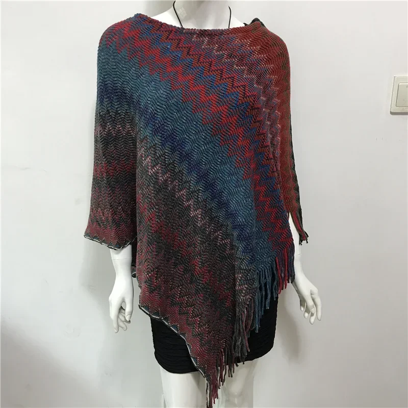 

2024 Street Spring Autumn New Style Women Cloak Lady Knitting Poncho Cape Tassel Color Matching Striped Pullover Shawl Red