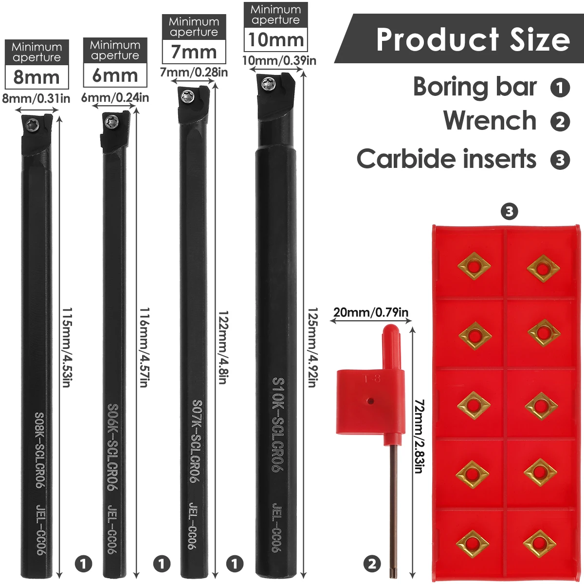 Lathe Boring Bar Turning Tool S06K/S07K/S08K/S10K-SCLCR06 Lathe Turning Tools Holder Set With Carbide Inserts and Wrenches