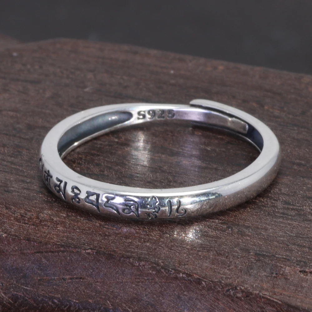 Tibetan Buddha Jewelry 925 Sterling Silver Tail Rings For Women Men Lovers Simple Six Words Om Mani Padme Hum Adjustable Size
