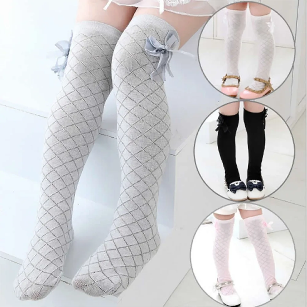 children tube socks rhombus lattice socks cotton lace bow knot thin cotton knee high above long baby girl summer wear