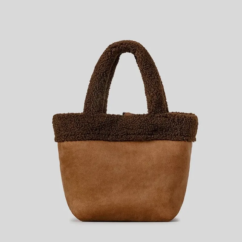 Fashion Women Handbags Luxury Faux Fur Suede Patchwork Shoulder Bag Small Tote Bags Warm Winter Female Purses 2023