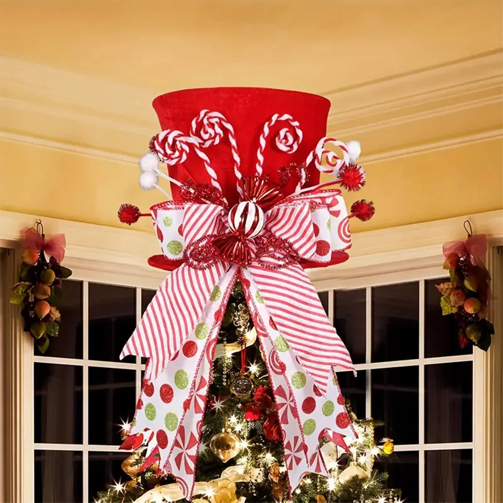 Christmas Tree Topper Hat Striped Bow Cute Xmas Decoration New Year Kids Gifts Party Treetop Decor for Home Party Holiday Decor