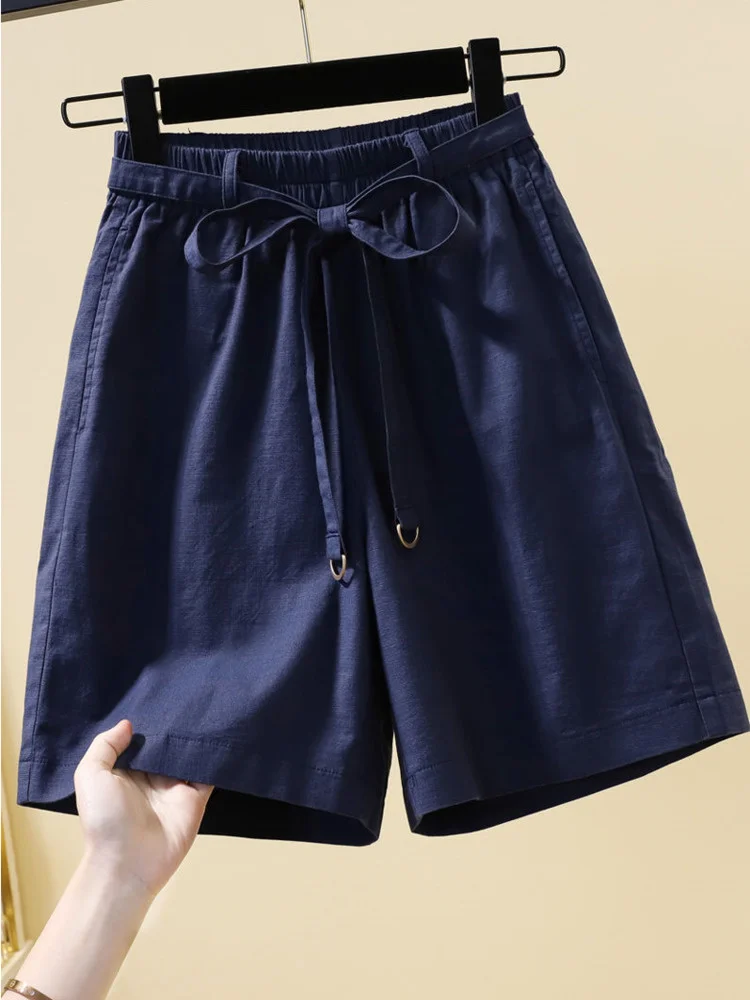 XL-5XL Oversize Elastic Wide Leg Shorts Women Summer Drawstring Cotton Linen Large Knee-length Pants Stretchable Straight Loose