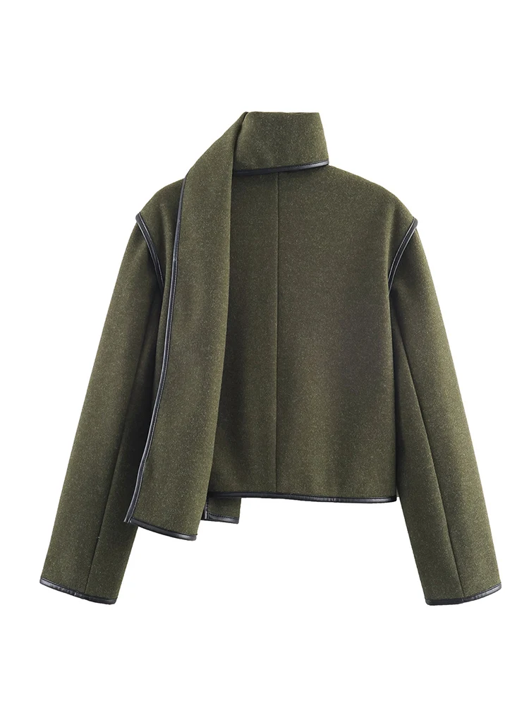 Fashion Scarf Collar Woolen Jacket For Women Elegant Long Sleeve Single Breasted Short Coats  Autumn Chic Warm Outerwear