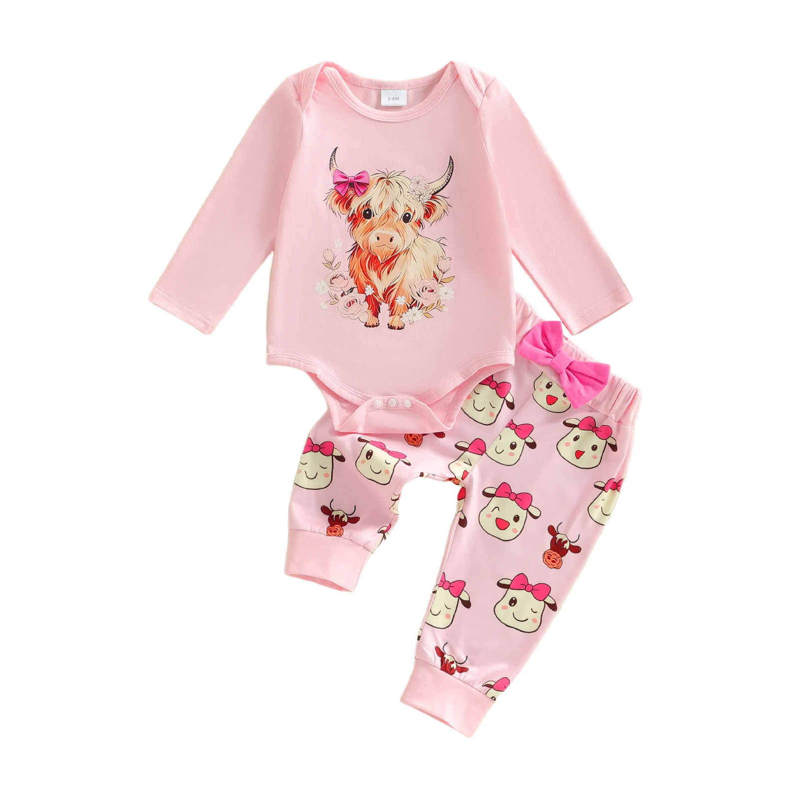 Toddler Girls 2 Piece Outfit Set with Long Sleeve O Neck Highland Cattle Print Romper and Pants for Playtime