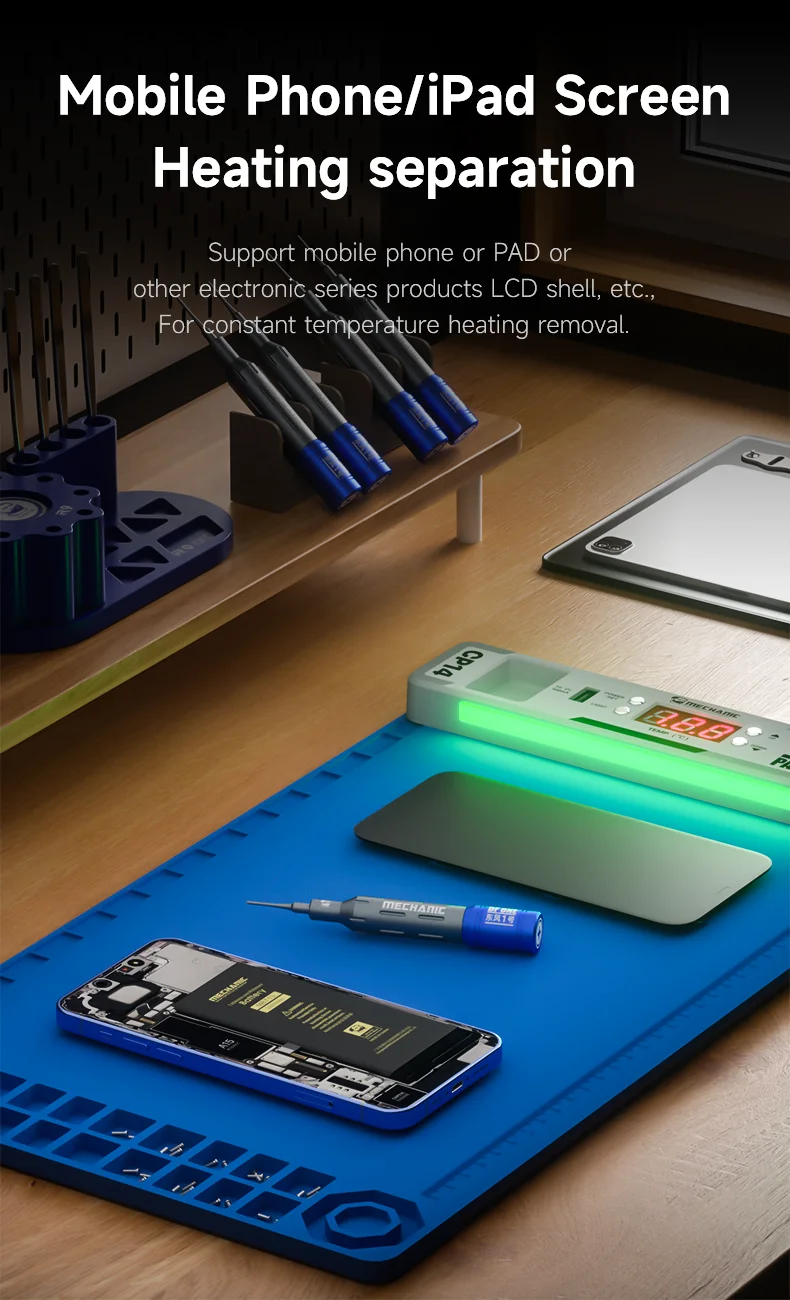 MECHANIC CP14 LCD Screen Separator LED Dust Detection Light Double Layer 120℃ Fast Heating Silicone Pad for Phone Repair Tool