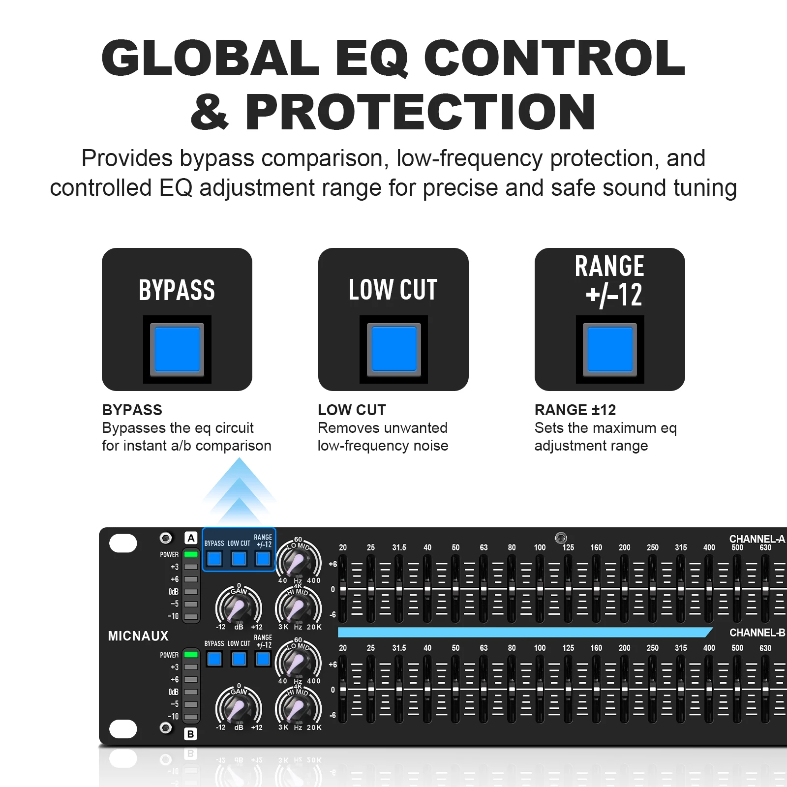 풀로데 듀얼 채널 31밴드 스테레오 그래픽 이퀄라이저 XLR 및 6.5MM 입력 출력 정밀 EQ 슬라이더 (홈 오디오 시스템용)