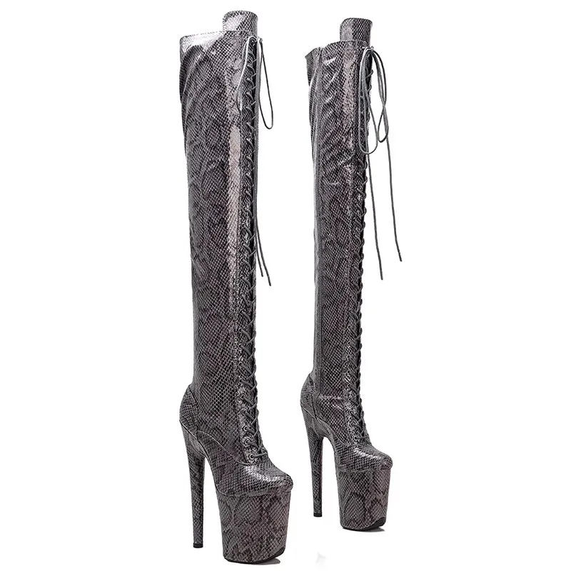 

Round Toe Fashion Women 20CM/8inches Snake Grain PU Upper Plating Platform Sexy High Heels Thigh High Boots Pole Dance Shoes 325
