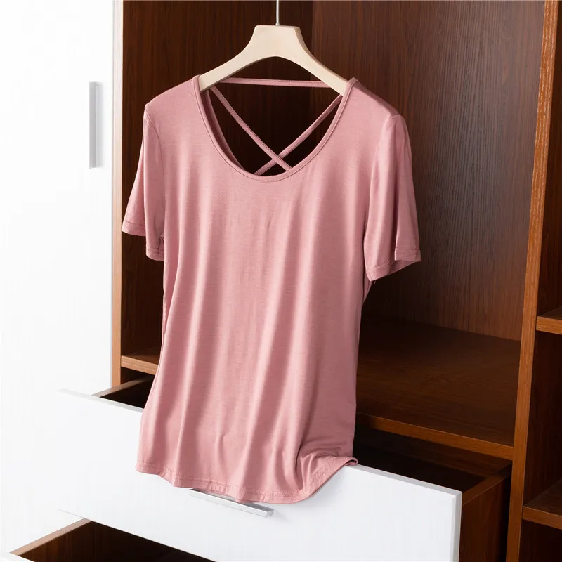 

thin backless modal women t-shirts 2022 summer new o-neck short-sleeved loose casual all match female pulls outwear tops tees
