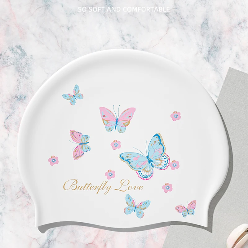 1Pcs Fashionable new adult unisex silicone swimming cap in one size fits all with cherry blossom and butterfly prints waterproof 3