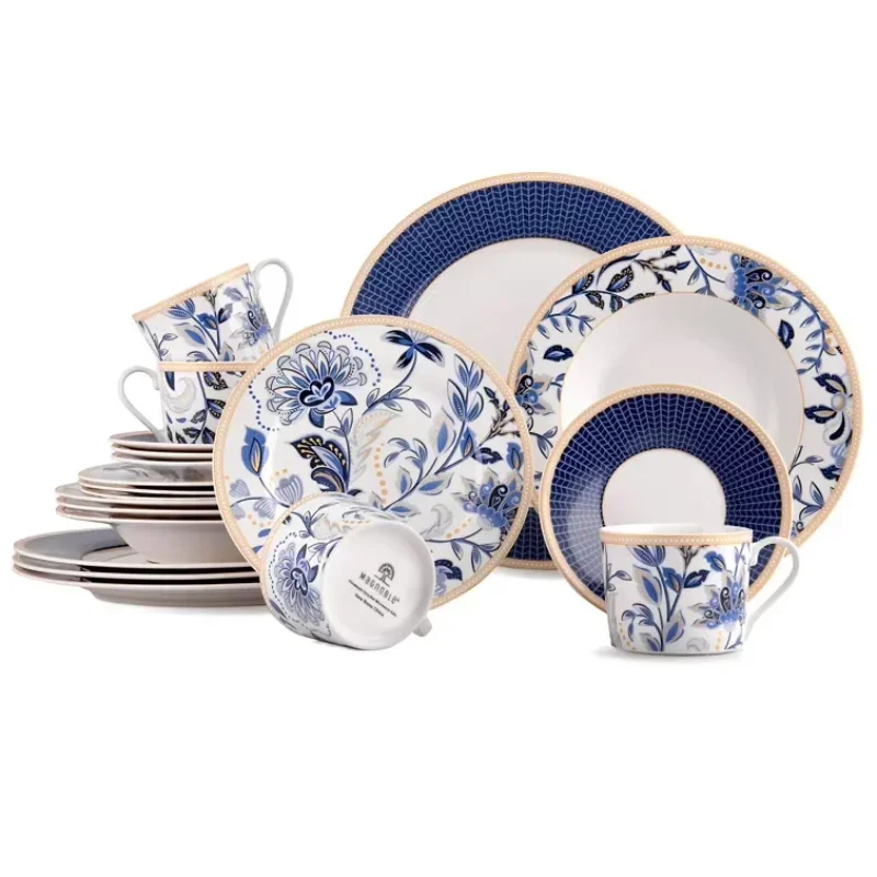 20-Piece Ceramic Classic Oriental Blue Element Coffee Floral Tableware Set Suitable for Family Use and Dinner