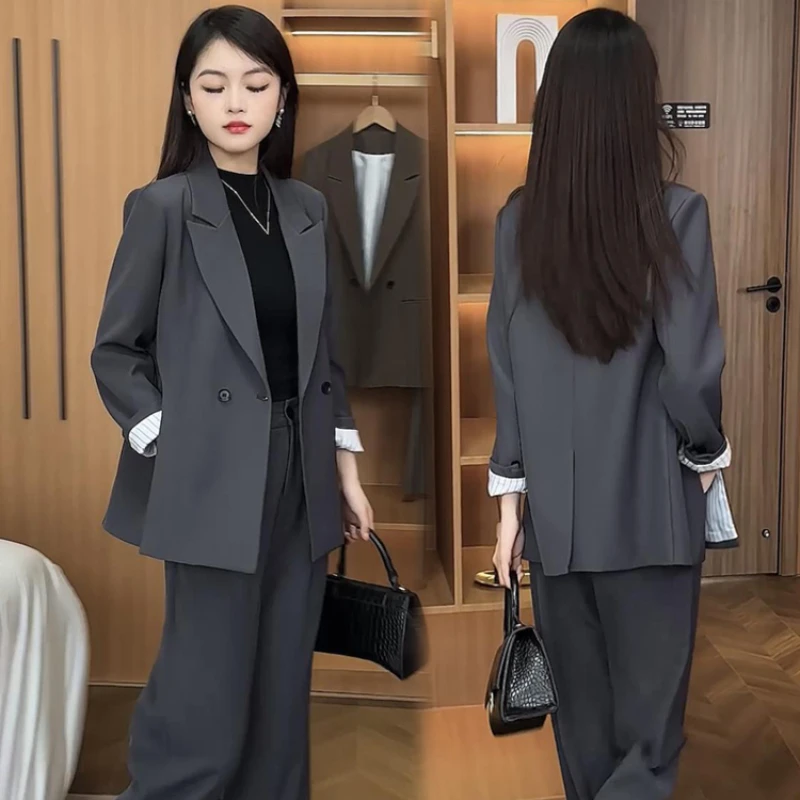 

Women's British Style Short Striped Curled Edge Blazer Wide Leg Pants Set Vintage Casual Loose Suit Coat Long Pant Two Piece Set