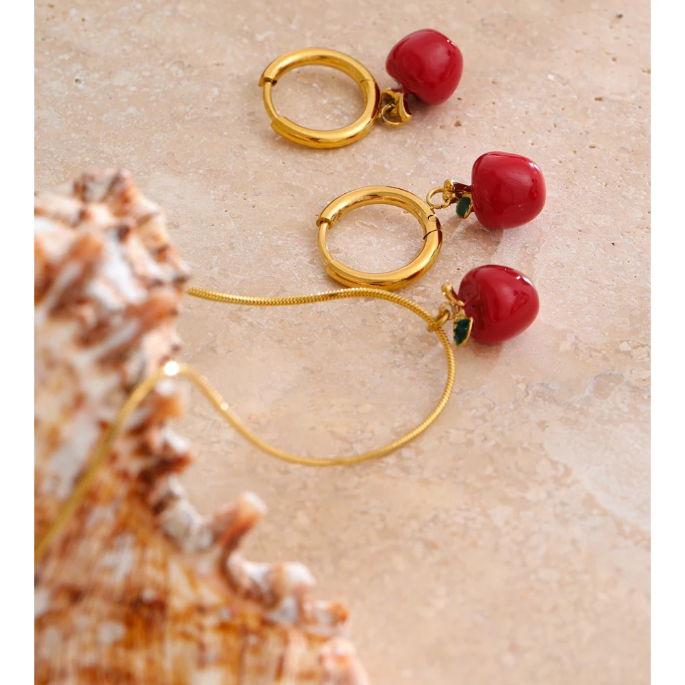 Yhpup Red Enamel Apple Pendant Necklace Earrings