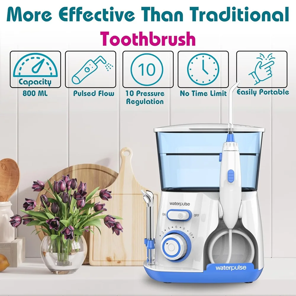 Waterpulse Electric Water Flosser Oral Irrigator, Water Flossing Teeth Cleaner with 800ML Large Capacity, 10 Modes & 5 Jet Tips