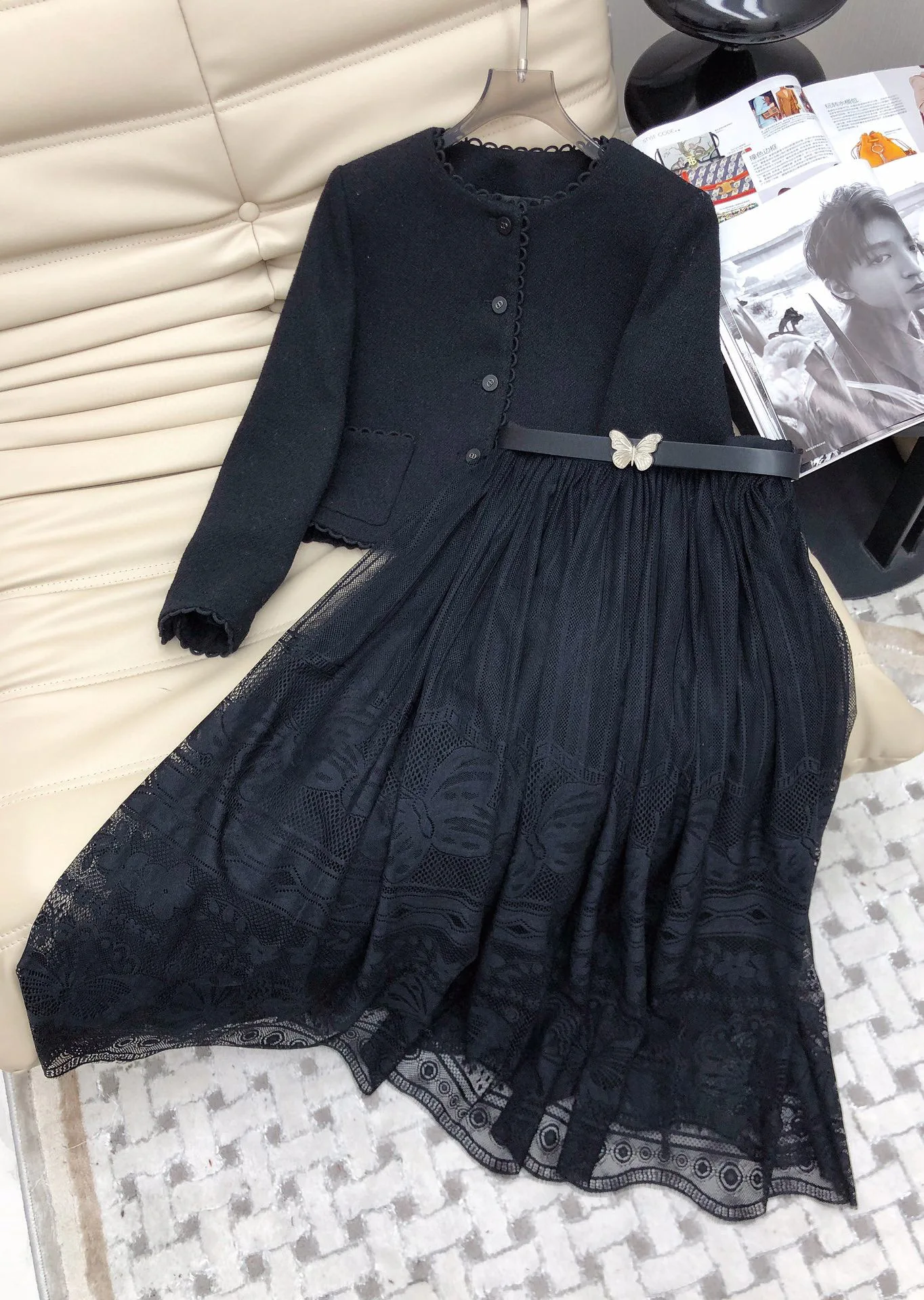 

Bohemian Elegant Matching Blazer and Midi Lace Belted Skirt Set
