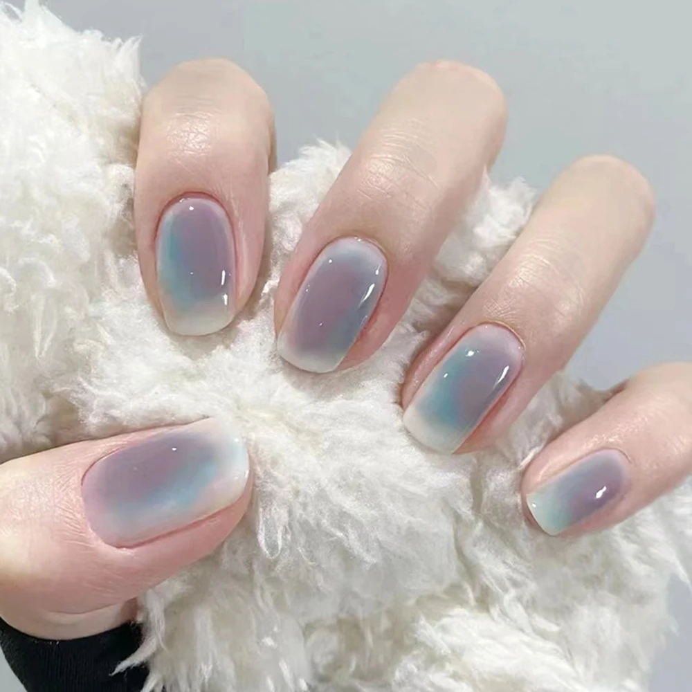 Fake Nails Short Length 24Pcs Glossy Gentle Blue Press On Nails For Women And Girls French Style Full Cover Nail Sticker Tn