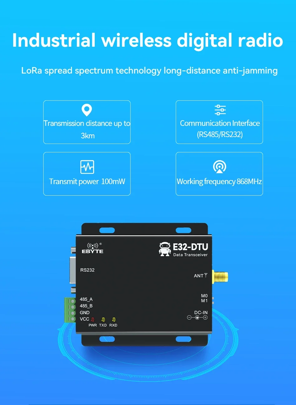 

CDEBYTE Lora RS232 RS485 Wireless Digital Radio 868MHz 915MHz 20dBm Long Range 3km E32-DTU(900L20) –V8 IoT Wireless Transceiver