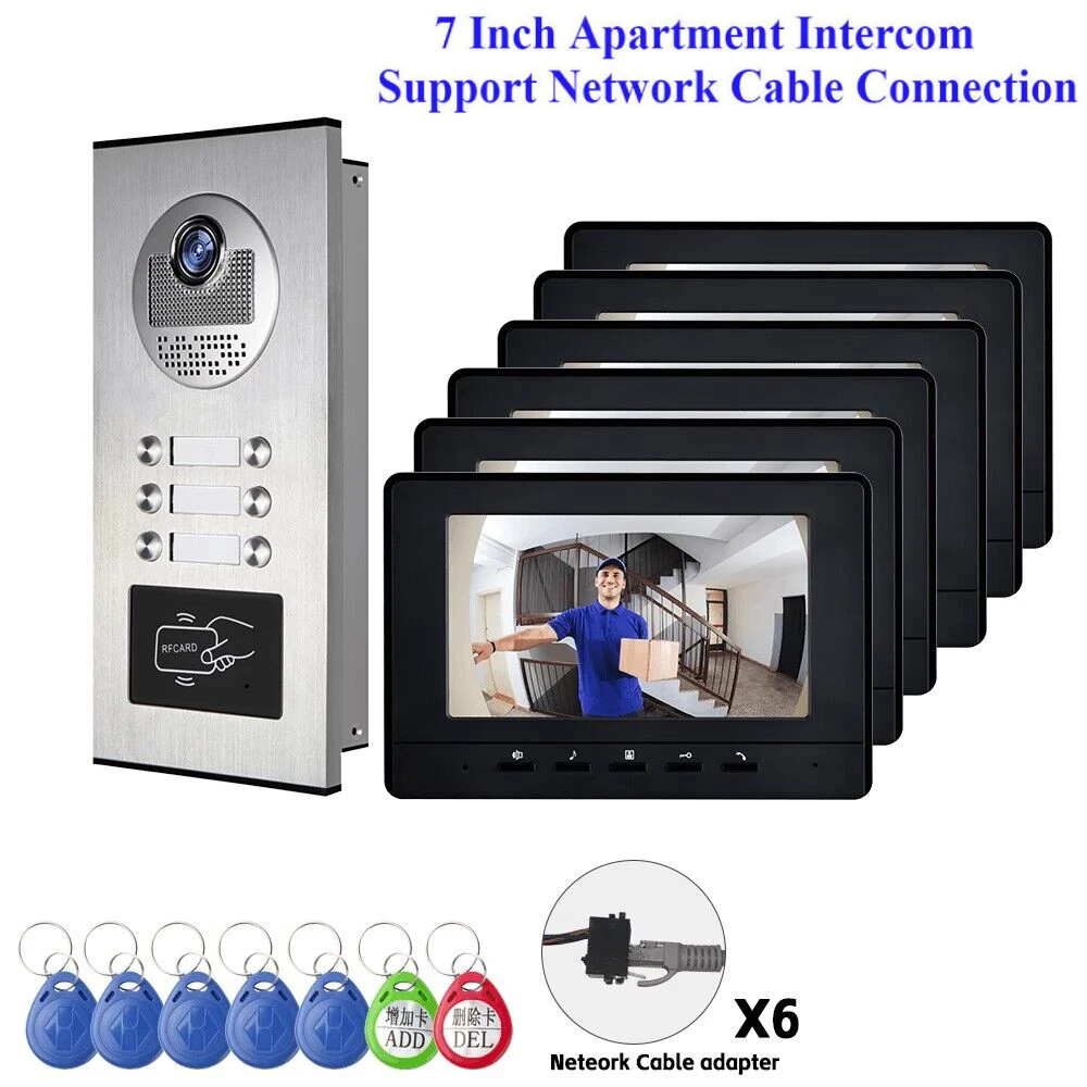 

Network cable connection 7" Video Intercom Door Phone System 6/4/3/2 Monitors + RFID Access Outdoor Camera for 6~2 Family House