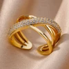 Bagues ajourées en chaîne pour femmes, couleur or, acier inoxydable, Zircon, croix ouverte, tendance, bijoux esthétiques de mariage, cadeau