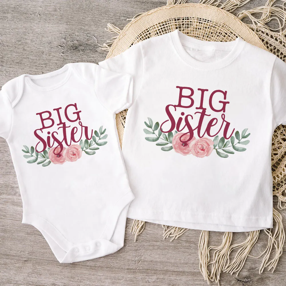 Flowers Wreath Print Big Sister Little Sister Family Matching Outfit Kids Clothes Short Sleeve T Shirt Baby Bodysuit Kids Romper 4