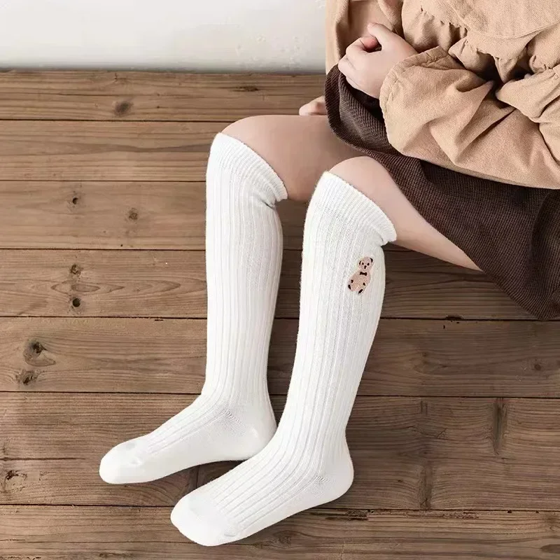 Korean Cartoon Cute Bear Kids Socks White Knee High Long Sock for Toddler Girl Spring Autumn Soft Cotton Children Calf Stocking