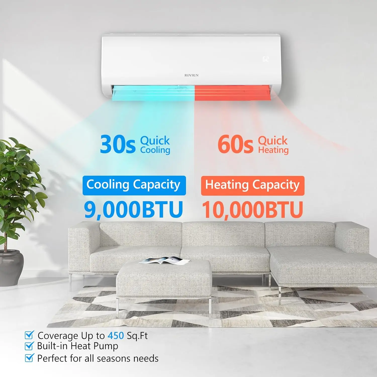 9000BTU Wifi Enabled Mini Split Air Conditioner & Heater, 19 SEER 115V Energy Saving Inverter Ductless Wall AC Unit with Pre 3