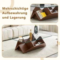 Table basse multi-rangement avec verre trempé et MDF, finition noyer, avec compartiments spacieux pour salon et bureau 3