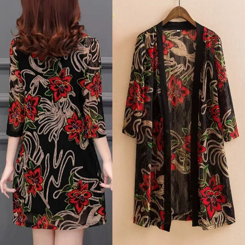 

2024 Summer Women's Lace Cardigan Printed Mid-length Shawl Thin Middle-aged Women Air-conditioned Shirt Jacket Y256