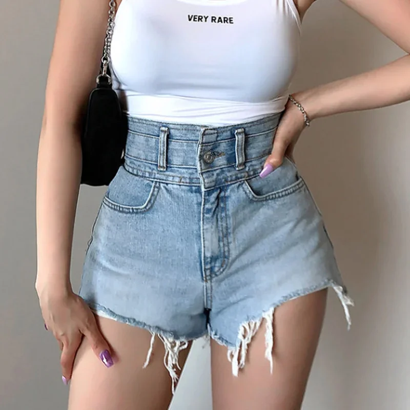 Women's Slim High Waist Sexy Hole Burrs Mini Denim Shorts 2024 Korean Summer Solid Color Tassel Shorts Female Casual Streetwear