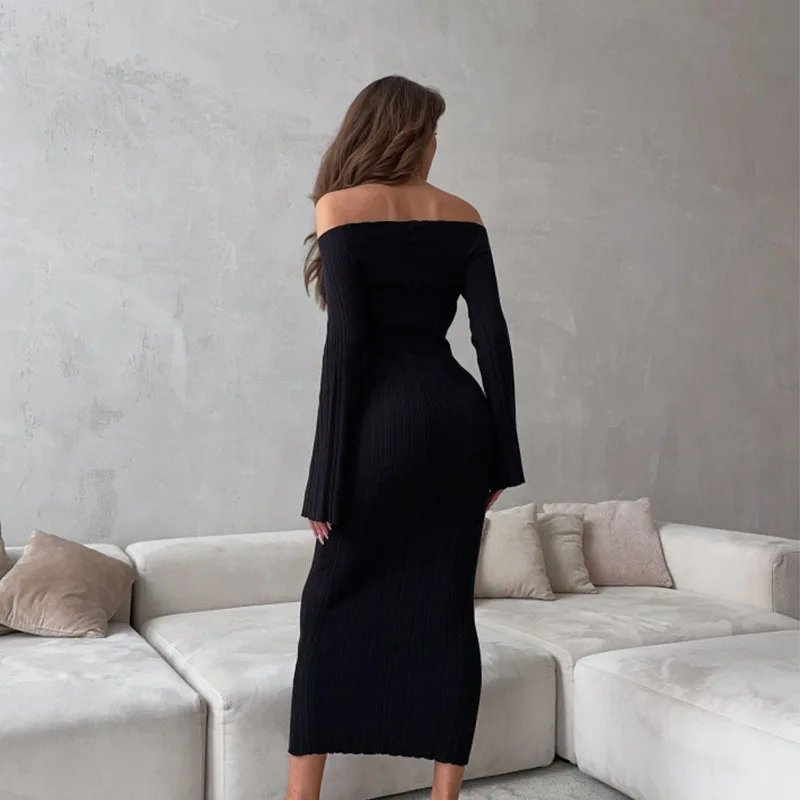 Ribbed Off-Shoulder Knit Long Dress For Women Slim Elegant Long Sleeve High Waist Backless Dress Knitwear Loose Maxi Dress