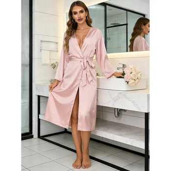 Chemise de nuit fine à manches longues de couleur unie pour femme, vêtement d'extérieur d'été, drapé doux et décontracté, plusieurs options de couleurs