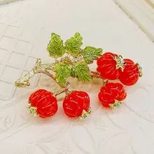 Persimmon Ruyi Pumpkin String Brooch Enamel Leaf Antique Agate Imitation Lantern Fruity Pin Women's Accessory Brooch 