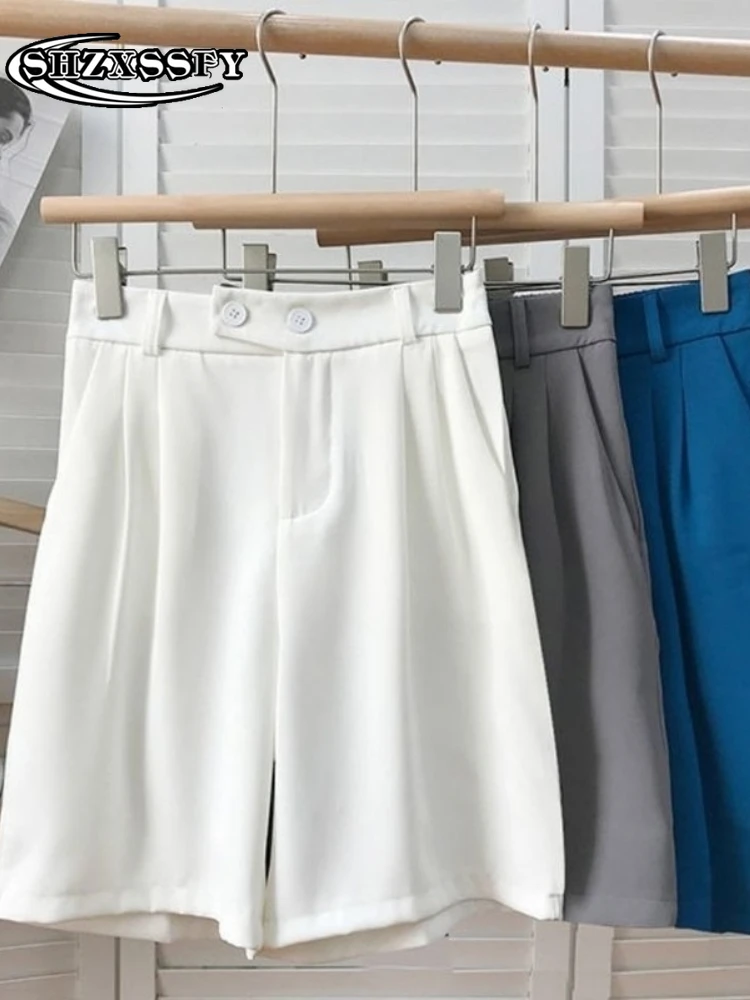 

High Waist Shorts Women Summer Casual Loose White Suits with Shorts Women Fashion Wide Leg Shorts Cotton Button Women's Shorts