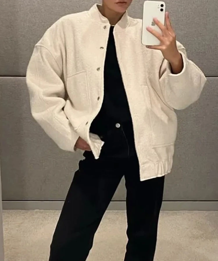 2023 Women's Elegant Solid Coat Button Long Sleeve Pocket Bomber Jacket Female Spring Casual Loose Streetwear Coats