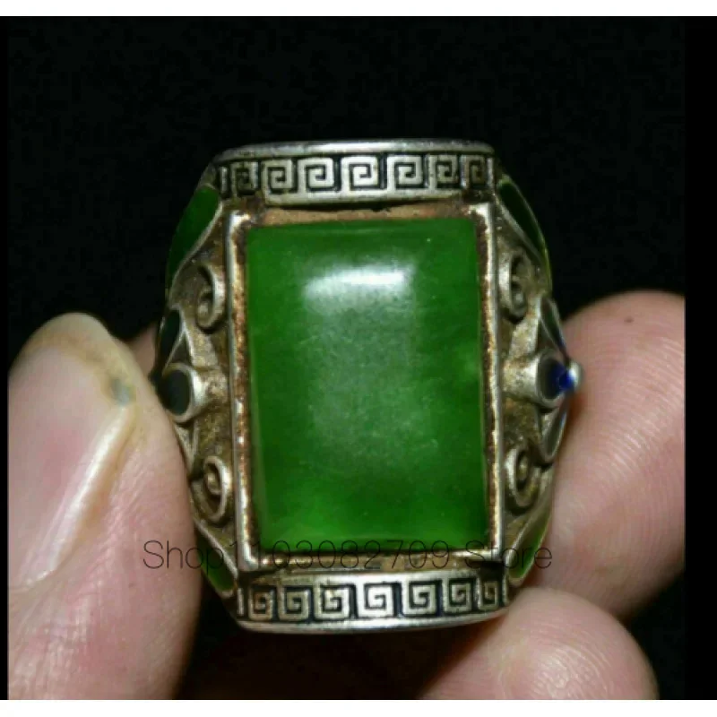 

1.2 Inch Old Chinese Enamel Silver Inlaid Green Jade Dynasty Palace Ring