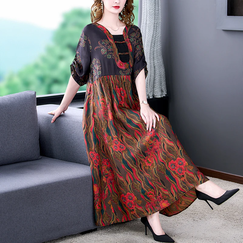 

2023 New Fashion Silk Printed Dress Women's Summer Vintage Fragmented Flower Ethnic Style Loose Fit Casual Vacation Vestidos
