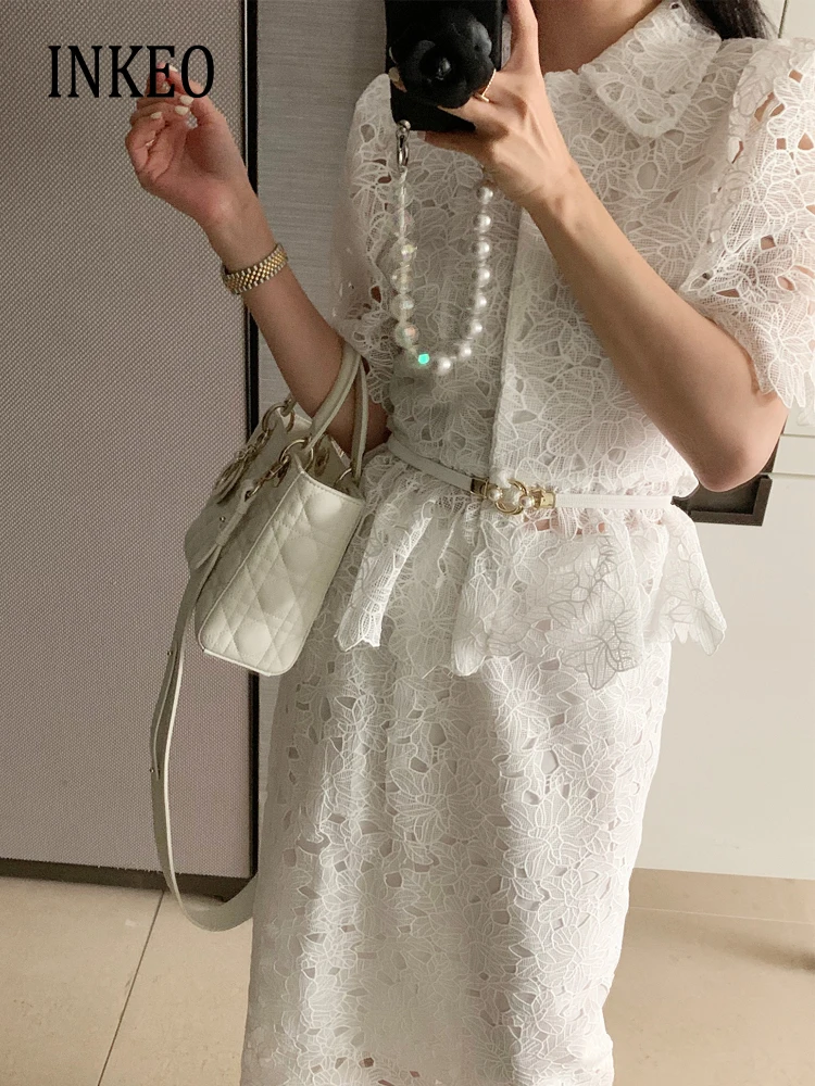 

Женский кружевной комплект из блузки и юбки, белый облегающий комплект из 2 предметов, Женская Летняя Сексуальная Ажурная элегантная рубашка с поясом, 3D037