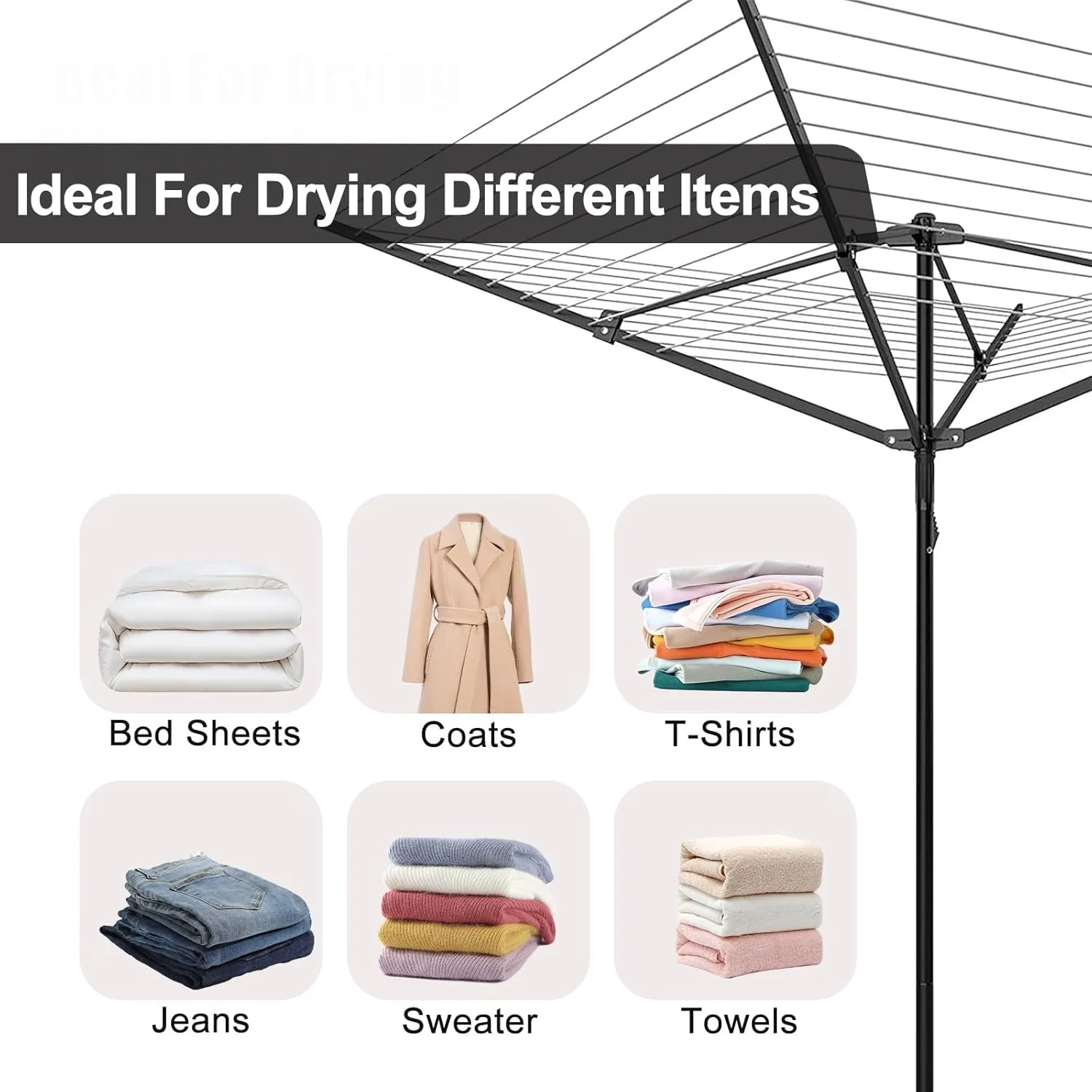 Umbrella Clothesline Outdoor, Rotary Retractable Clothes Line Outdoors Adjustable Height Drying Rack Clothing 4 Arms 12 Lines 6
