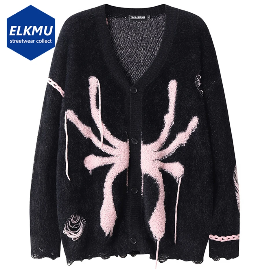

Distressed Ripped Knit Sweater Cardigan Spider Embroidery Oversized Hip Hop Streetwear Sweater Coat Black Gray Loose Sweaters