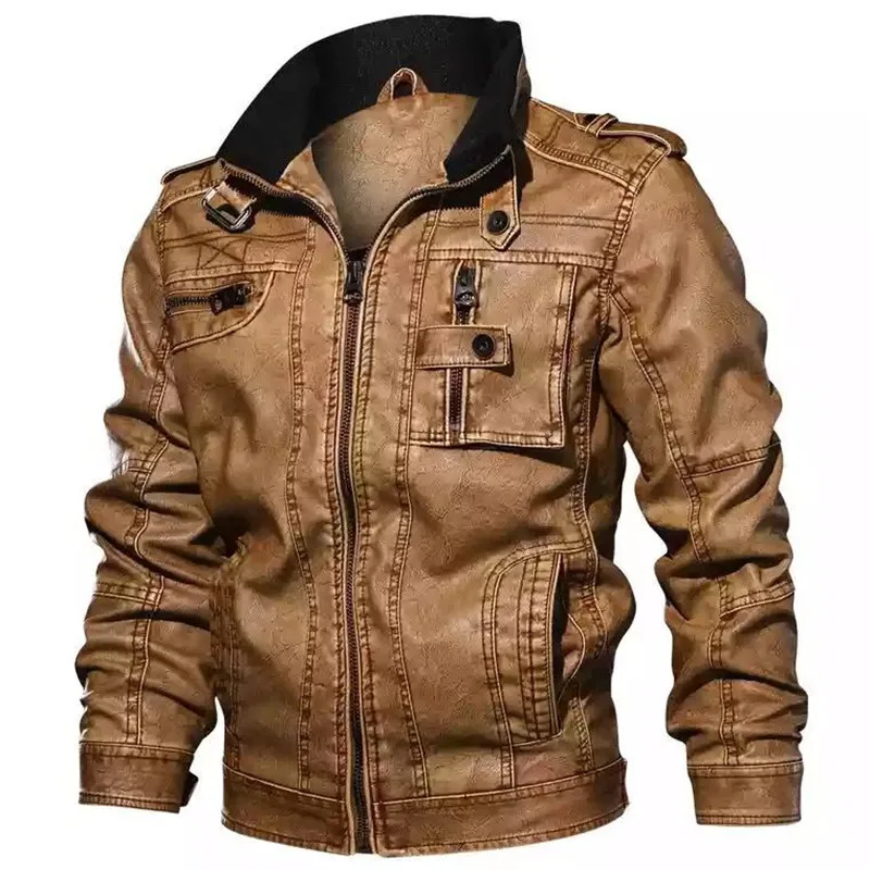 

Autumn Windproof Cargo Leather Jacket Mens Stand Collar Biker PU Coat Street Trend jaqueta masculina casaca cuero hombre