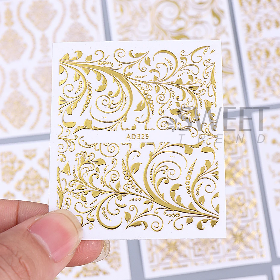 26pcs Metallic Lace Flowers Vine Nails Stickers 3D Retro Hollow Gold Silver Lace Line Self-Adhesive Nail Decals Manicure Decor