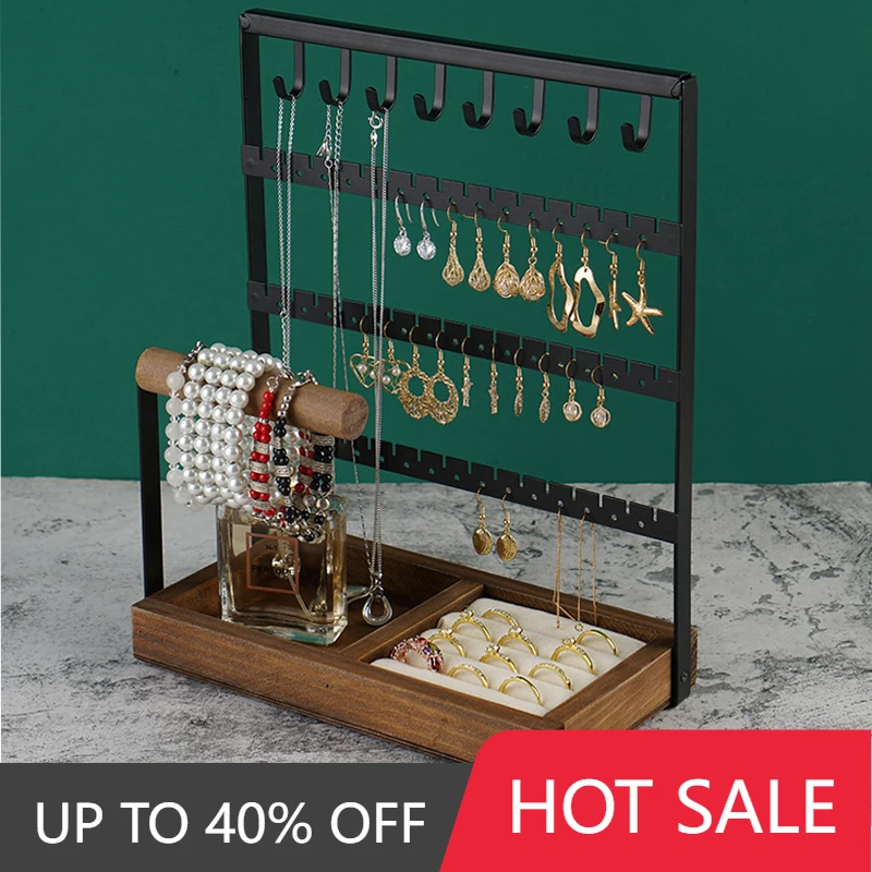

Black Metal Bracelet Ring Earring Organizer Jewelry Holder Stand Necklace Display Rack with Storage Box Base