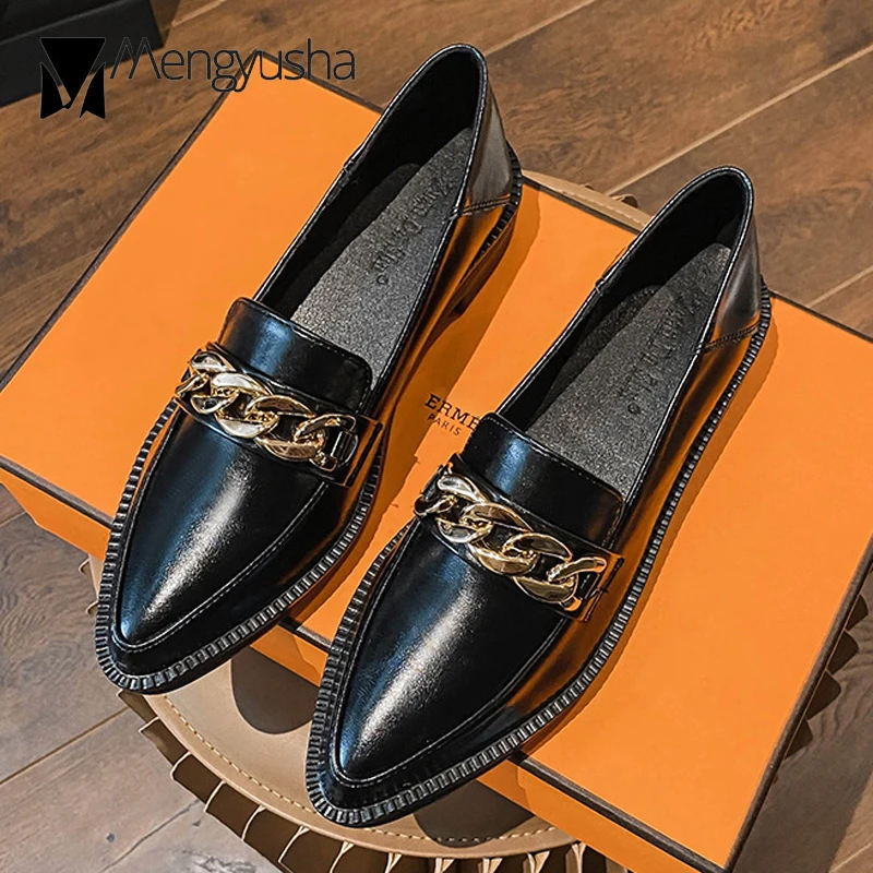 Plus Size 34-42 Oxford Shoes Woman Brand Loafers Leather Flats Chains Sneakers Trend Girls Lolita Medium Heels Flats Spring