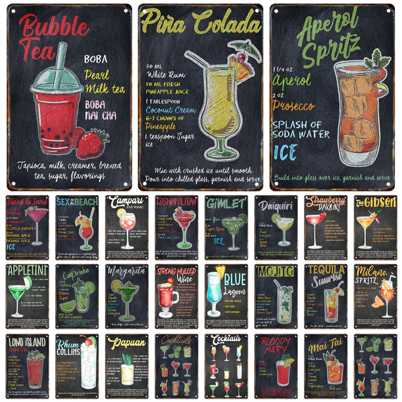 

Vintage Cocktail Drinks Metal Tin Sign Wine Glass Plaque Tin Painting Bar Restaurant Club Wall Art Home Decor Mural Aesthetics