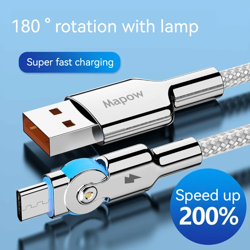 

66W 6A Fast Charging Cable Usb Type-C Micro Usb Data Cord Rotating Elbow Zinc Alloy Charging Cable for Samsung Xiaomi Cable