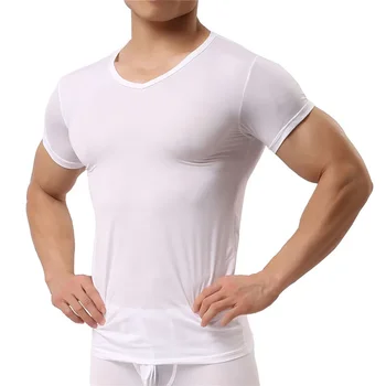 Man Undershirt Ice Silk T Shirts Male Nylon V-neck Short Sleeves Tops Ultra-thin Cool Sleepwear 1